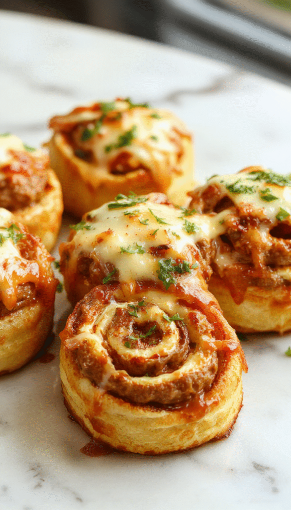 Golden-brown cheeseburger rollups drizzled with melted cheese and sprinkled with chopped herbs, displayed on a rustic wooden platter with fresh ingredients around, vibrant colors highlighting the cheesy, meaty, and herbaceous textures.