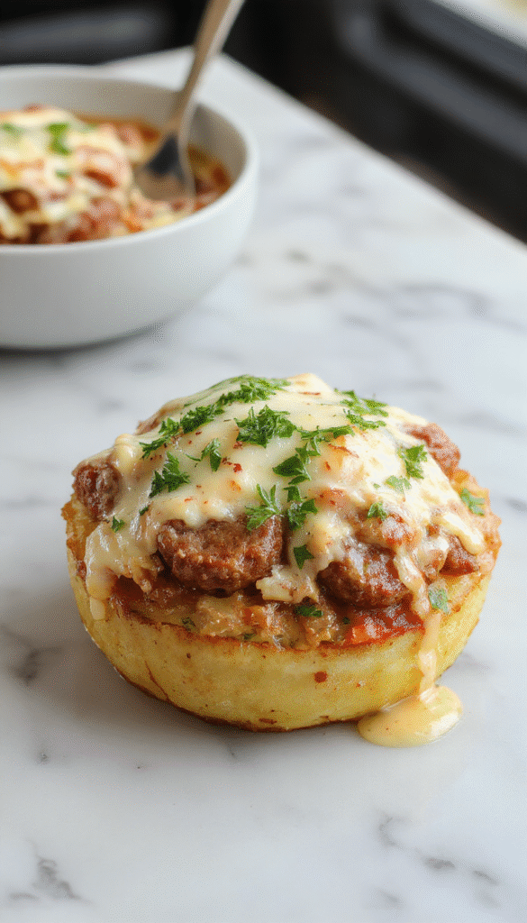 A vibrant plate featuring golden-brown roasted potatoes topped with melted cheese and fresh green herbs, sliced smoked sausage with a caramelized exterior, all arranged on a rustic white platter with sprigs of parsley and a drizzle of ranch sauce, set against a warm wooden background with a sprinkle of herbs for garnish.
