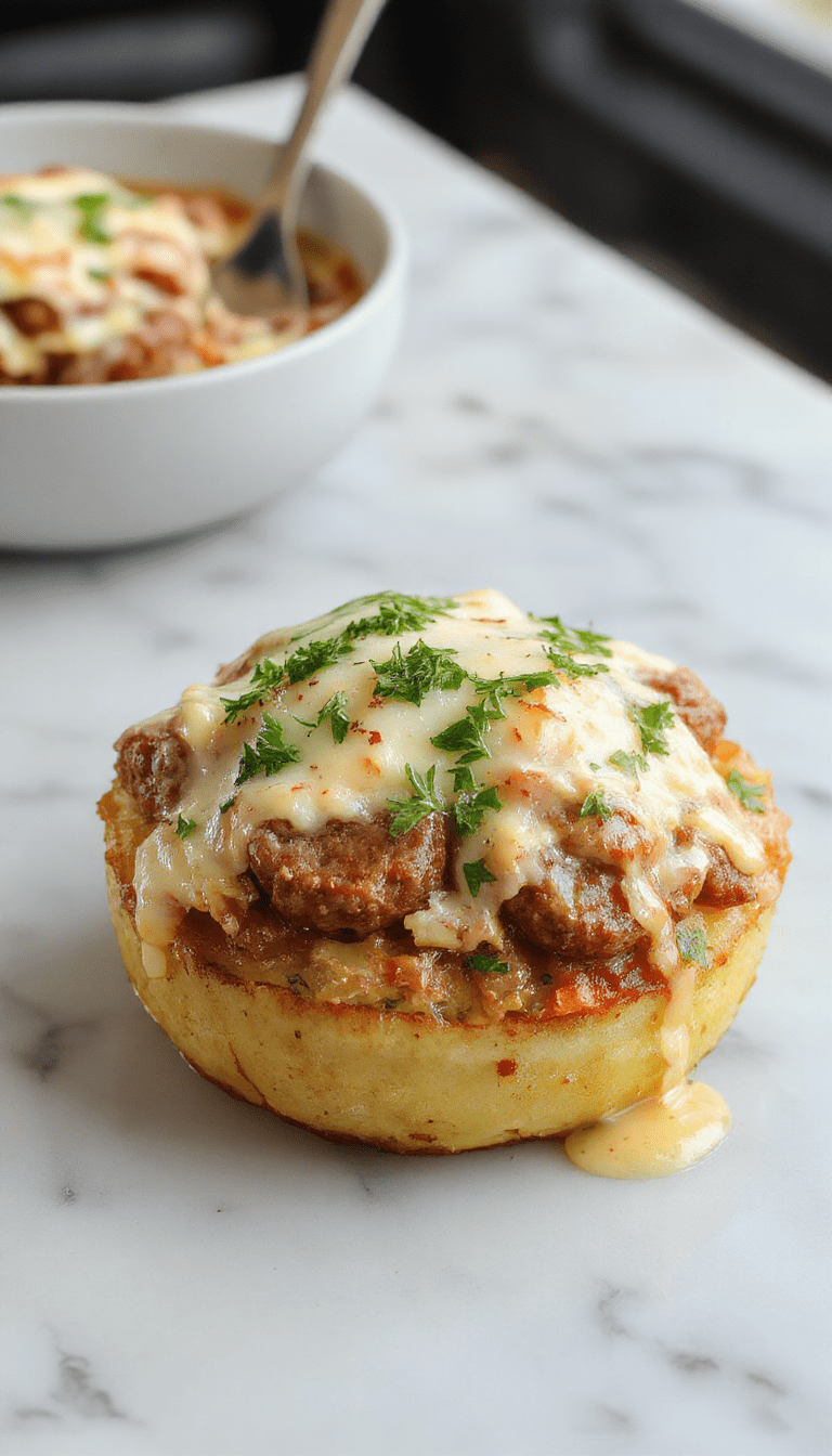 A vibrant plate featuring golden-brown roasted potatoes topped with melted cheese and fresh green herbs, sliced smoked sausage with a caramelized exterior, all arranged on a rustic white platter with sprigs of parsley and a drizzle of ranch sauce, set against a warm wooden background with a sprinkle of herbs for garnish.