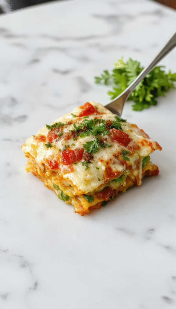 A vibrant, layered vegetarian lasagna on a rustic white plate, showcasing fluffy white sauce, colorful roasted vegetables, and melted cheese, garnished with fresh herbs with a soft focus background