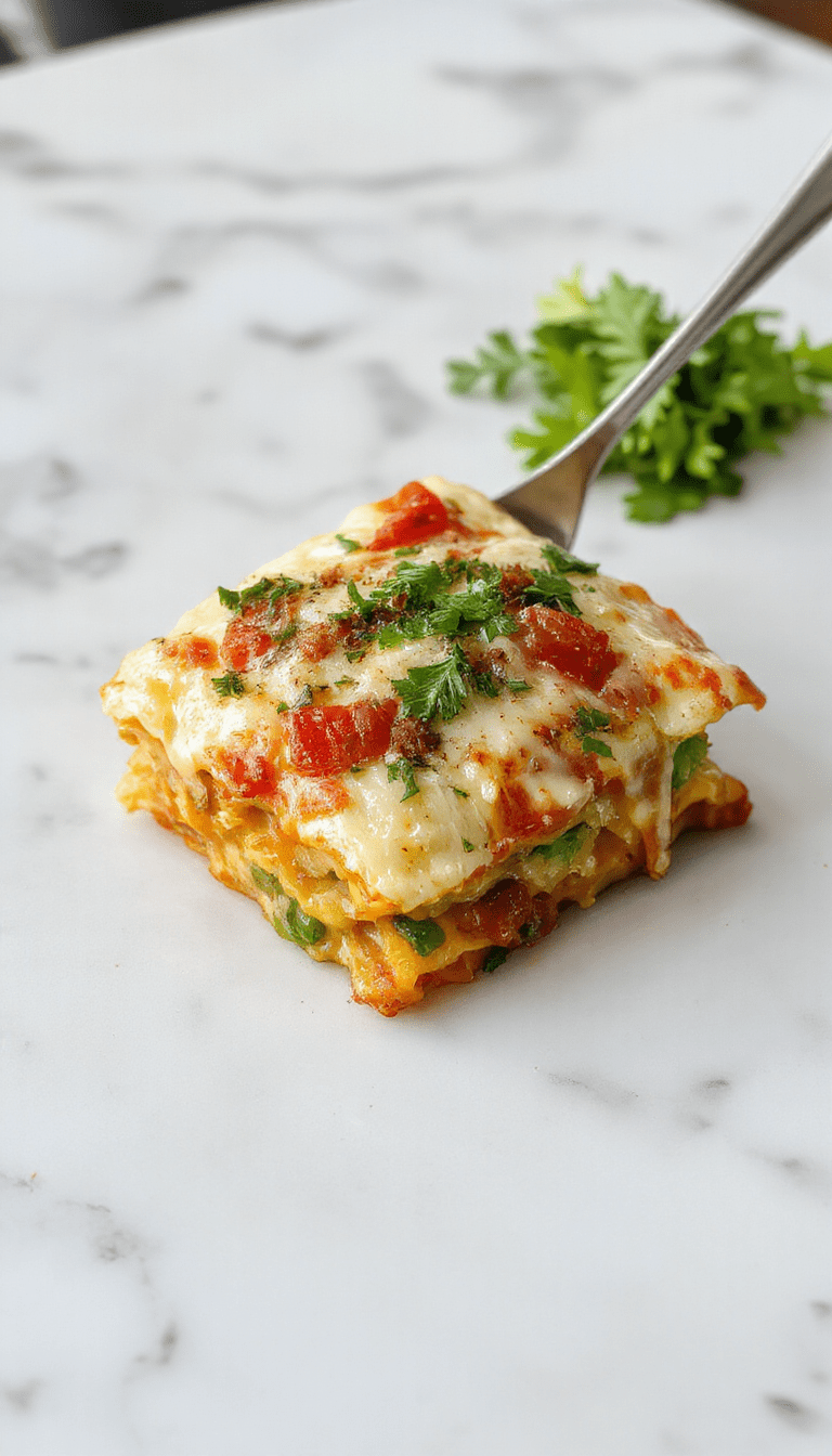 A vibrant, layered vegetarian lasagna on a rustic white plate, showcasing fluffy white sauce, colorful roasted vegetables, and melted cheese, garnished with fresh herbs with a soft focus background