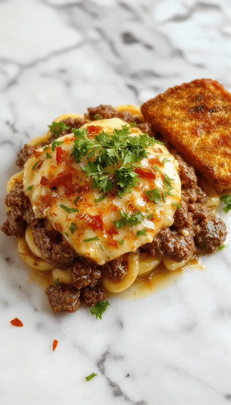 A close-up of a steaming plate of savory ground beef orzo, featuring tender ground beef mixed with al dente orzo pasta, garnished with fresh herbs and a sprinkle of Parmesan cheese, presented on a rustic white plate with a background of cozy, dimly lit kitchen setting.