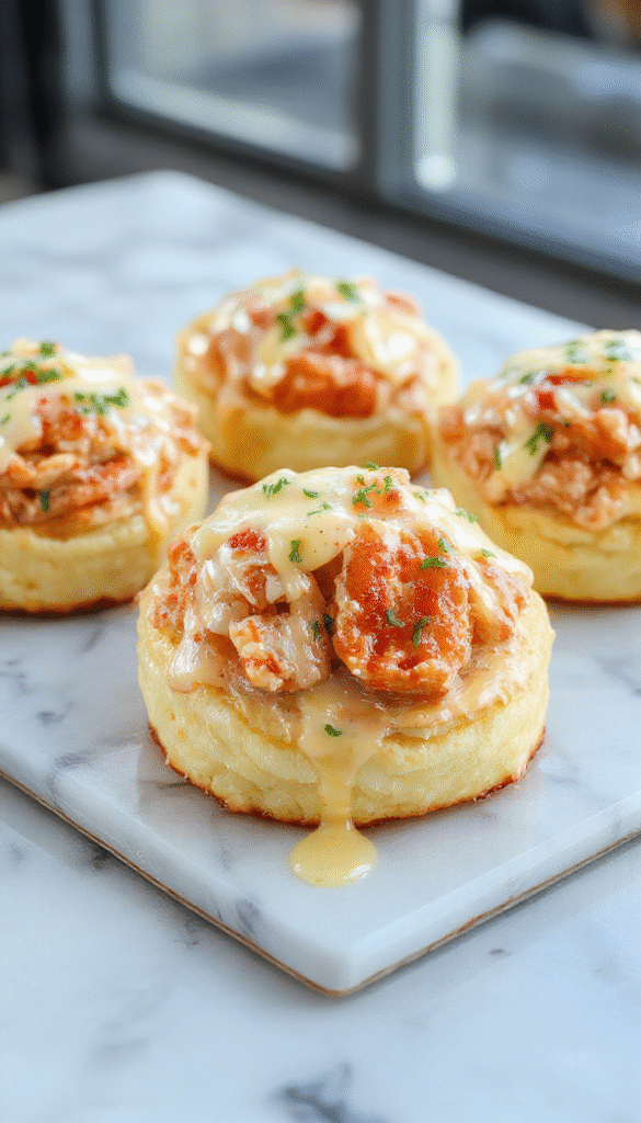 A golden cheddar bay biscuit stuffed with succulent crab meat, topped with a drizzle of lemon butter sauce. The biscuit is flaky and cheesy, garnished with fresh herbs, and served on a rustic white plate, with the lemon sauce glistening. The vibrant yellow of the sauce contrasts beautifully with the rich, tan color of the biscuit, creating an appetizing and inviting scene.