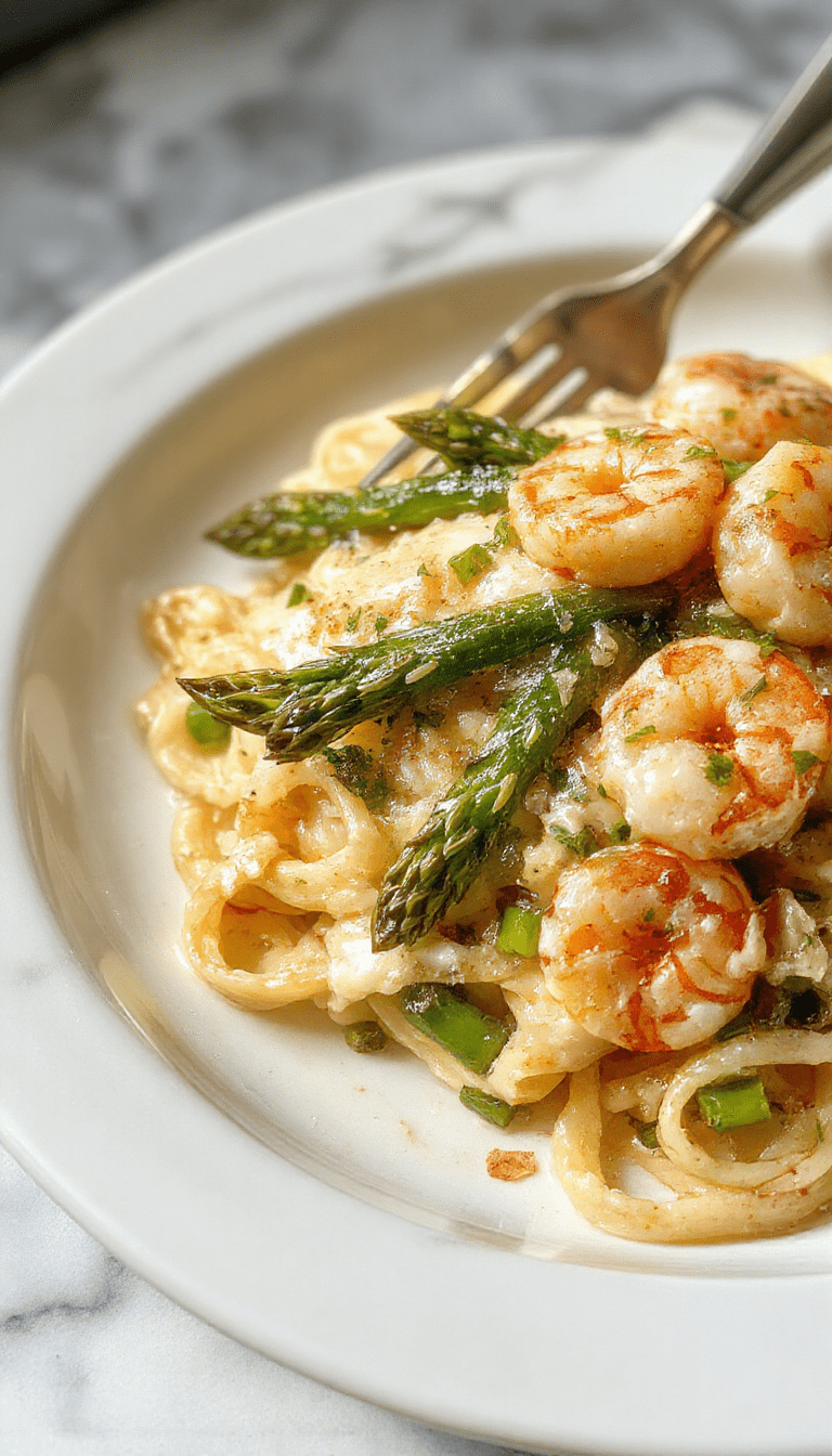 A vibrant plate of angel hair pasta topped with tender shrimp and bright green asparagus spears, garnished with fresh herbs and a drizzle of olive oil, beautifully arranged on a rustic white plate with a colorful backdrop.