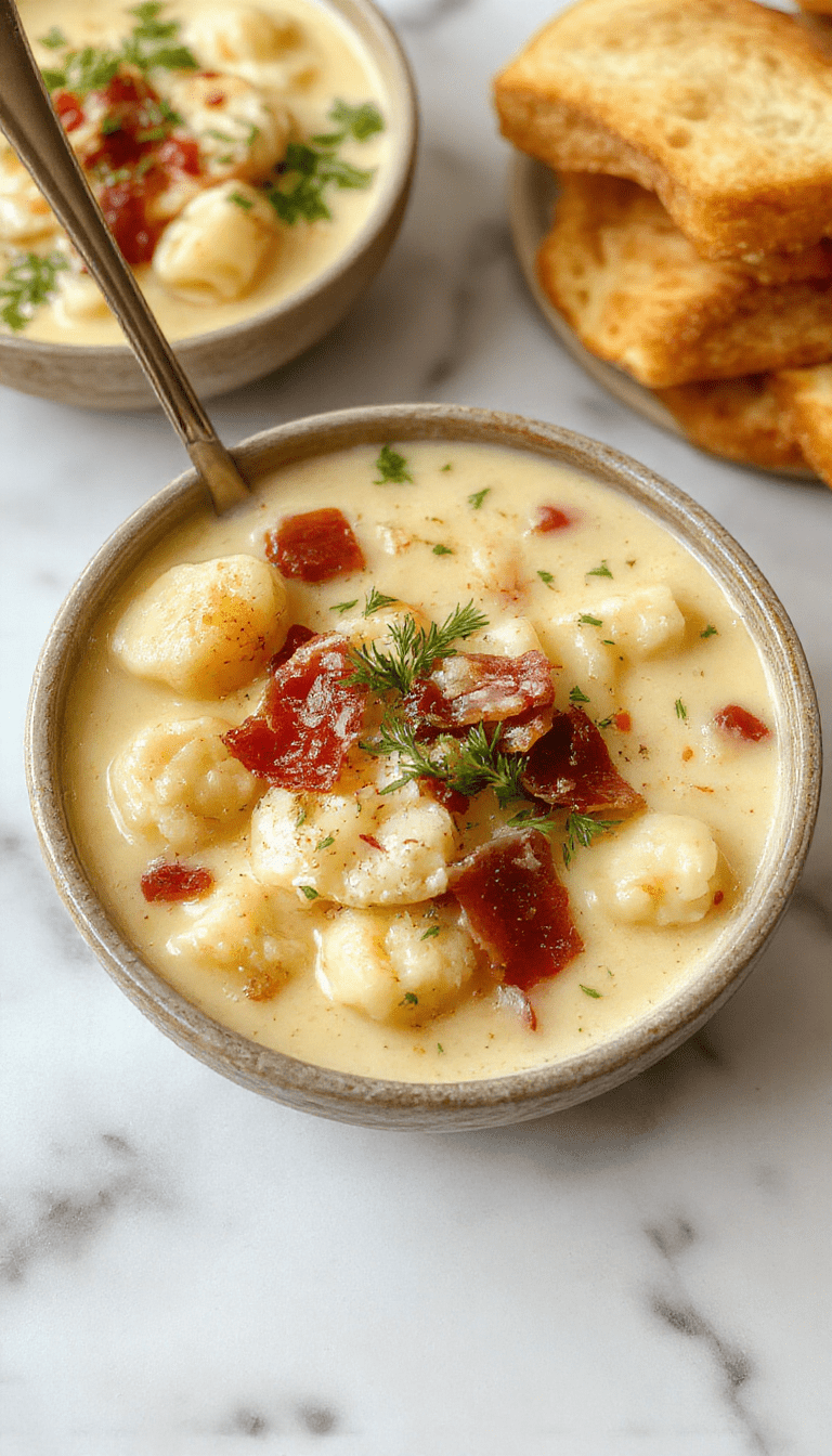 A bowl of creamy bacon cheddar gnocchi soup topped with crispy bacon bits and shredded cheddar cheese, garnished with fresh herbs, served in a rustic white bowl on a wooden table with a silver spoon and fresh bread in the background.