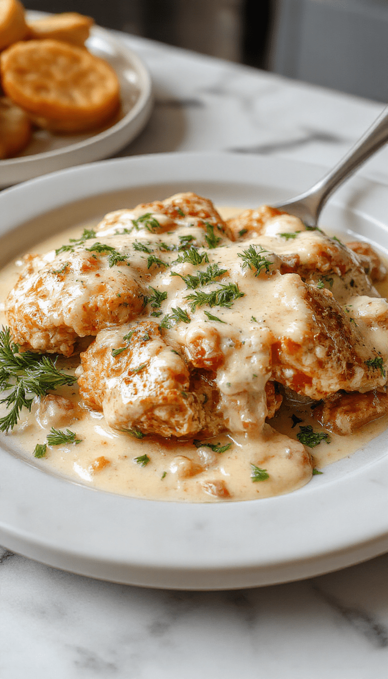 A close-up view of a creamy baked chicken stroganoff served in a rustic white bowl on a wooden table. The dish features tender shredded chicken in a rich, velvety mushroom and sour cream sauce, garnished with chopped parsley. Surrounding the bowl are fresh mushrooms, garlic cloves, and sprigs of parsley, emphasizing the savory ingredients. The plating is cozy and inviting, perfect for a comforting dinner.