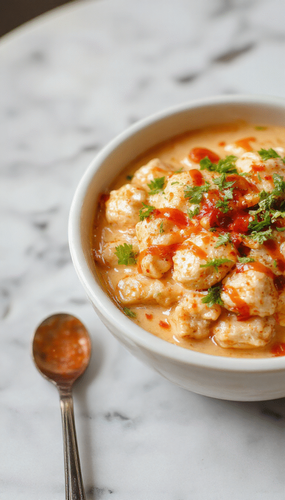 A vibrant chicken bowl featuring crispy chicken pieces coated in a creamy spicy sauce, topped with sliced scallions and sesame seeds, served over fluffy rice with colorful vegetables on a white ceramic plate.