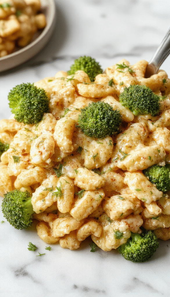 A close-up of a creamy broccoli cheddar orzo served in a rustic white bowl, topped with melted cheese and vibrant green broccoli florets, with a spoon scooping some of the rich, cheesy pasta on a wooden table