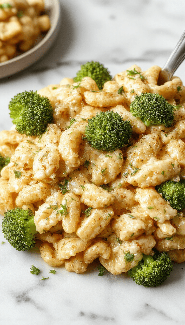 A close-up of a creamy broccoli cheddar orzo served in a rustic white bowl, topped with melted cheese and vibrant green broccoli florets, with a spoon scooping some of the rich, cheesy pasta on a wooden table
