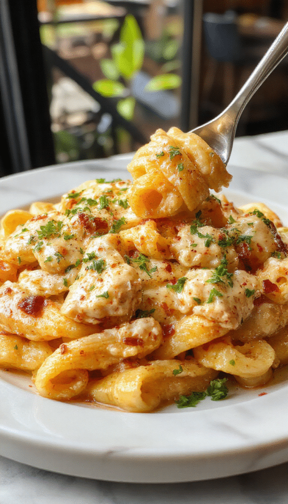 A vibrant plate of creamy Cajun chicken pasta featuring tender sliced chicken coated in rich, spicy sauce atop al dente pasta. Garnished with green herbs, the dish showcases a fiery red and deep brown sauce contrasting with the creamy white noodles, presented on a rustic wooden table with a splash of fresh herbs.