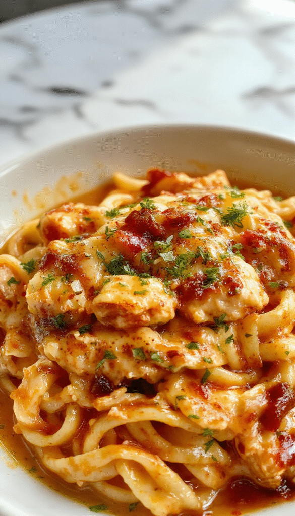 A vibrant plate featuring creamy Cajun chicken pasta garnished with chopped parsley. The pasta is coated in a rich, spicy sauce with pieces of tender, seasoned chicken on top, surrounded by colorful red and green bell peppers. The dish is presented on a rustic white plate with a fork, showcasing its enticing textures and bold flavors.