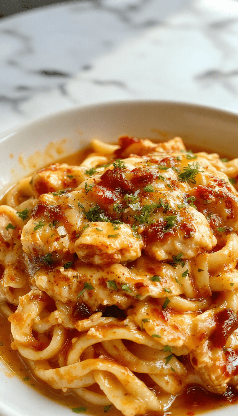 A vibrant plate featuring creamy Cajun chicken pasta garnished with chopped parsley. The pasta is coated in a rich, spicy sauce with pieces of tender, seasoned chicken on top, surrounded by colorful red and green bell peppers. The dish is presented on a rustic white plate with a fork, showcasing its enticing textures and bold flavors.