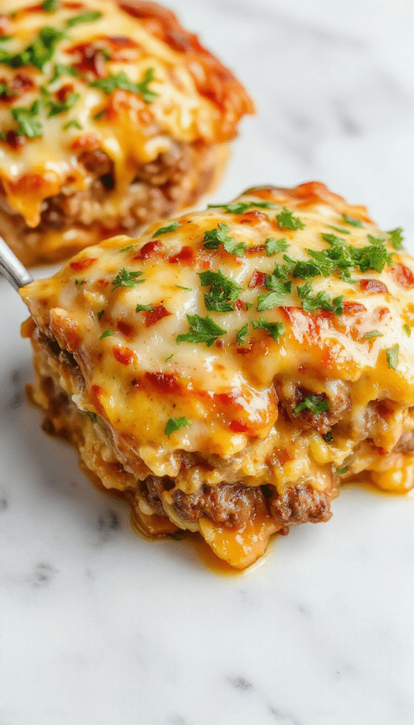 A colorful, close-up shot of a baked cheesy hamburger rice casserole in a white oval dish. The casserole has a golden-brown cheesy crust on top with melted cheese bubbling around the edges. Visible chunks of seasoned ground beef, fluffy white rice, and vibrant green herbs and vegetables are mixed throughout. The dish is styled on a rustic wooden table, garnished with fresh parsley and served with a side of crispy bread slices.
