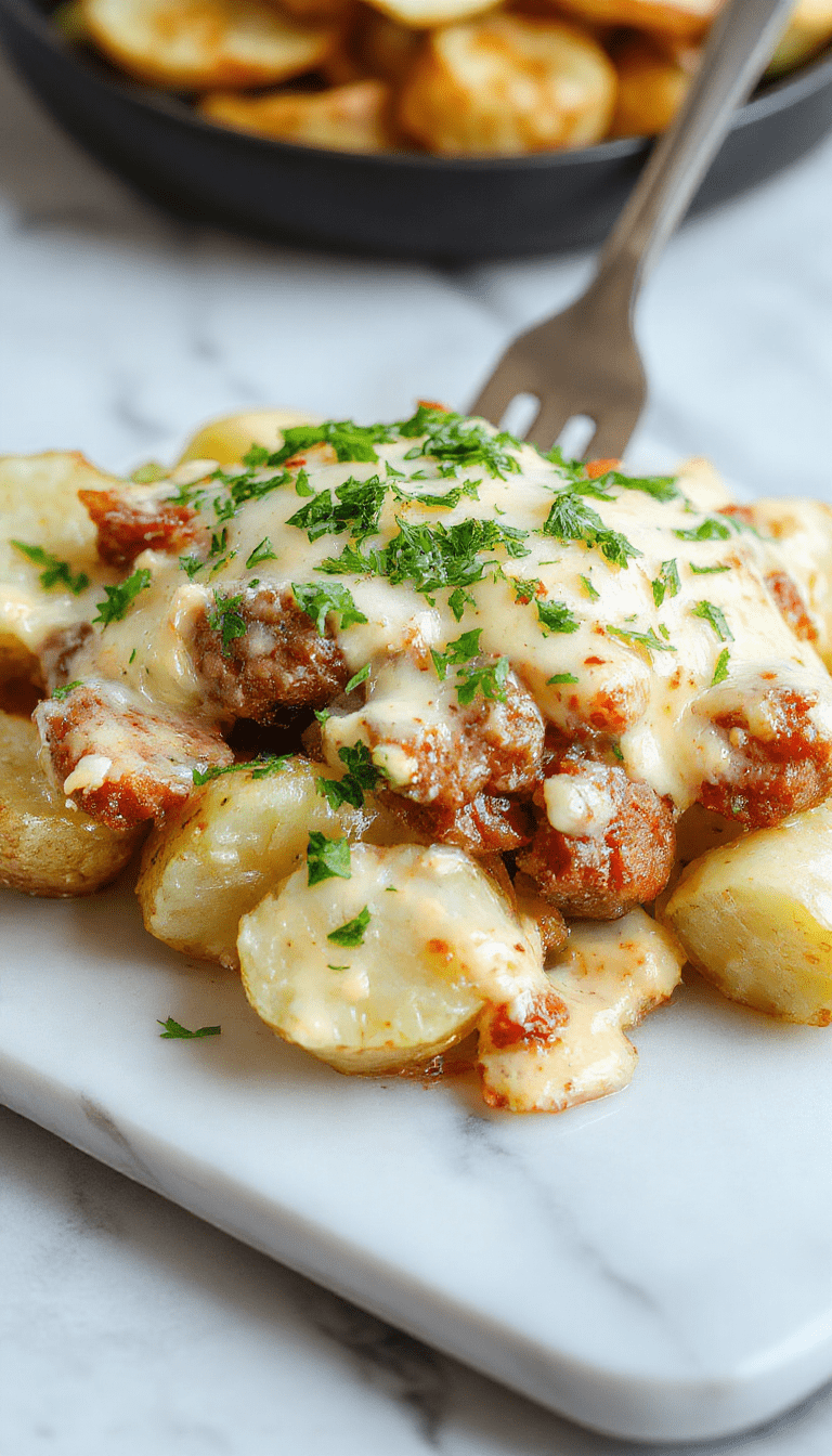 Colorful dish featuring golden roasted potatoes topped with melted cheese, crispy smoked sausage slices, and fresh chopped herbs, all arranged on a rustic white plate with vibrant green garnish and a creamy ranch drizzle.