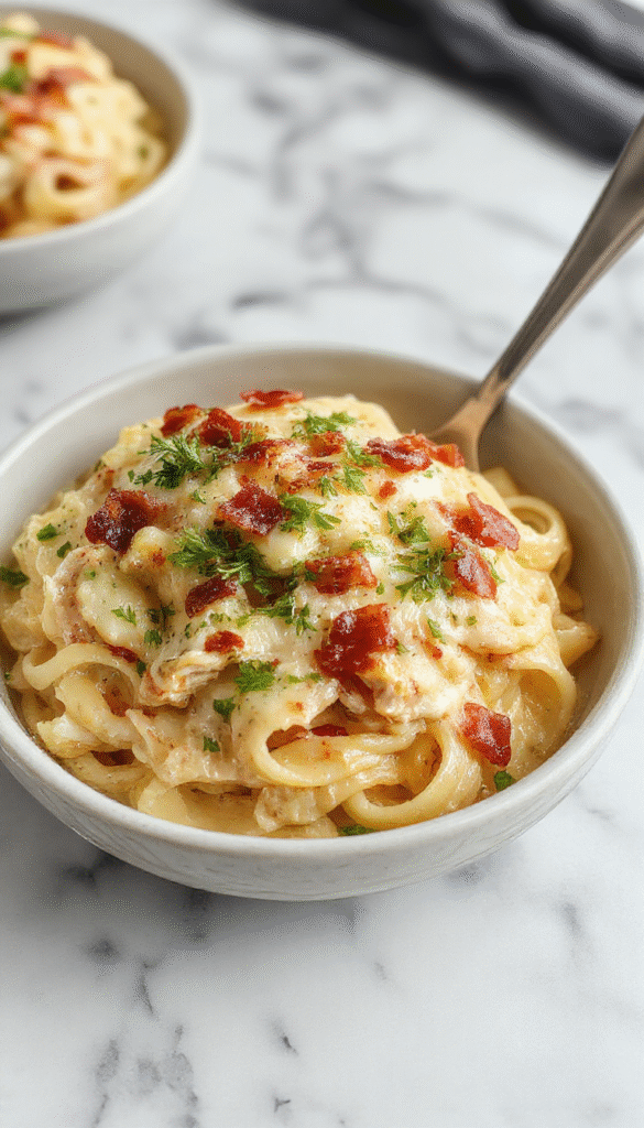 A vibrant plate of creamy chicken bacon ranch pasta features tender cooked pasta smothered in a rich, creamy sauce with crispy bacon pieces, sliced grilled chicken, and a sprinkle of fresh herbs. The dish is garnished with chopped green onions and black pepper, presented on a rustic white plate with a background of rustic wooden surface, exuding warmth and comfort.