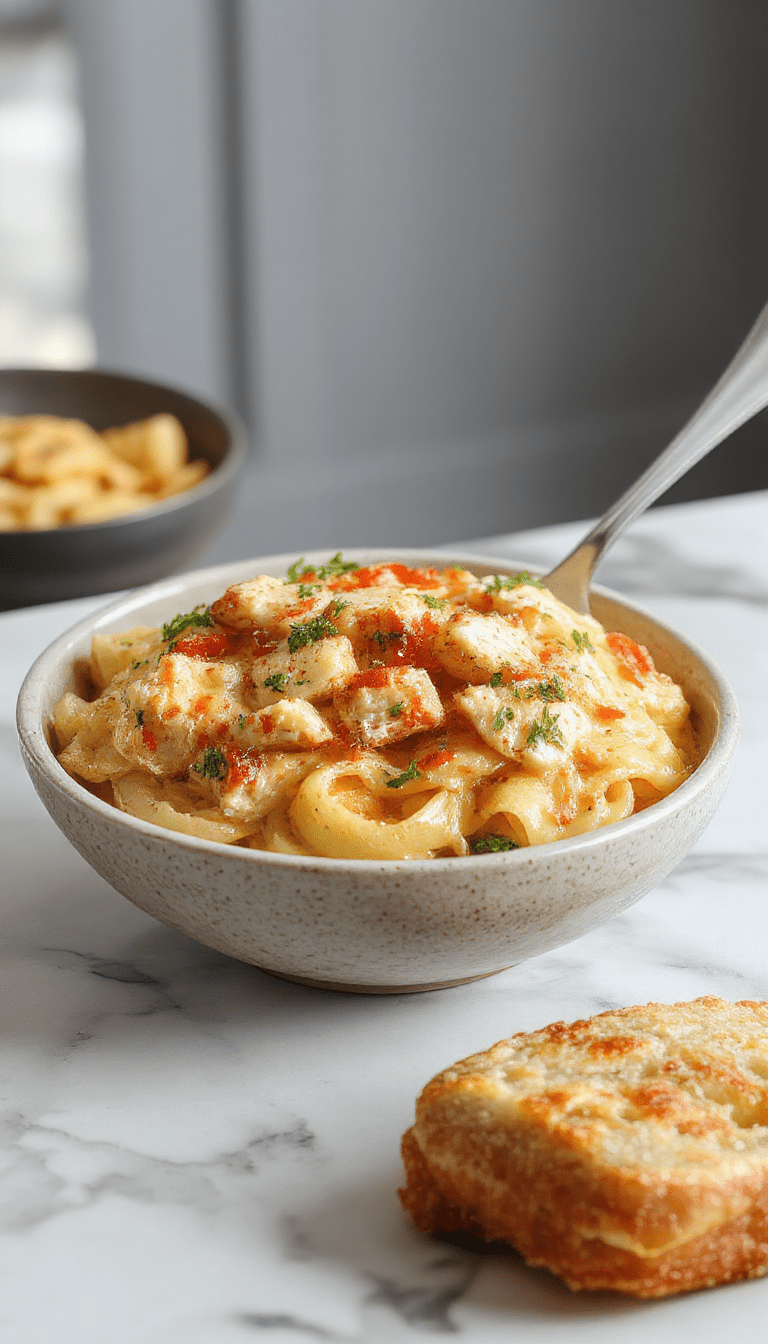A bowl of creamy buttered noodles topped with tender chunks of chicken, garnished with parsley and served on a white plate. The noodles are golden and glossy with a rich buttery sauce, set against a rustic wooden table with a sprig of fresh herbs in the background.