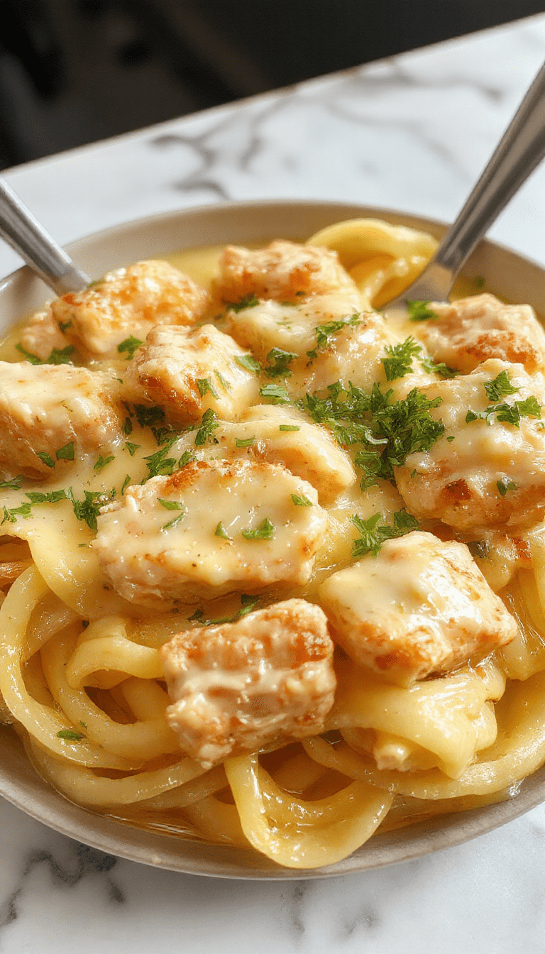 A close-up of a white bowl filled with golden-brown buttered noodles topped with tender shredded chicken, garnished with chopped parsley. The noodles are glistening with butter, showcasing a creamy and savory texture. The background features a rustic wooden table with additional noodles and fresh herbs scattered around, styled simply for a cozy, family-friendly meal.