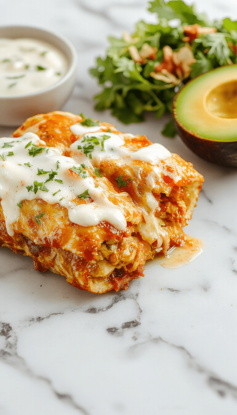A vibrant plate of chicken enchiladas topped with melted cheese, drizzled with rich sour cream white sauce, garnished with cilantro, served alongside fresh lime wedges on a rustic wooden table.
