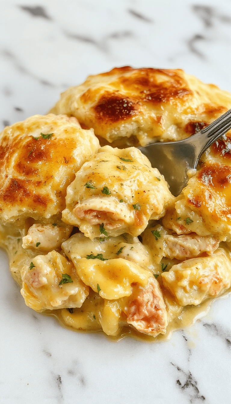 A vibrant plate of creamy chicken pot pie pasta featuring tender shredded chicken, golden flaky crust crumbles, and creamy sauce with peas and carrots, garnished with fresh parsley, placed on a rustic wooden table with a fork on the side.