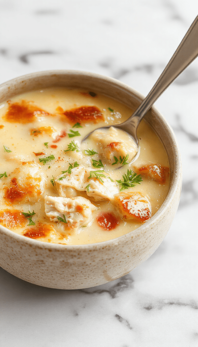 A vibrant bowl of chicken pot pie soup topped with golden flaky pastry crumbles, garnished with fresh herbs. The rich, creamy broth showcases chunks of tender chicken, carrots, peas, and potatoes, with a buttery, crispy pastry crust on top. The bowl sits on a rustic wooden table, styled with a ladle and a small side of crusty bread, evoking warmth and comfort.