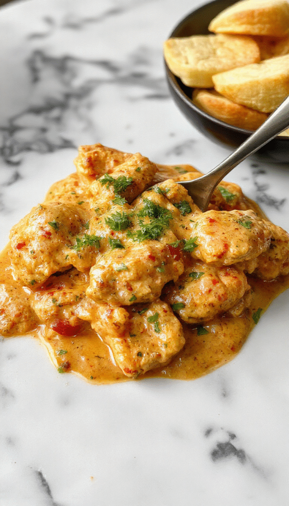 A vibrant bowl of chicken tikka masala featuring tender chicken pieces coated in rich, creamy tomato-based sauce, garnished with fresh cilantro, served with naan bread on a rustic wooden table, showcasing a colorful and appetizing Indian-inspired dish.