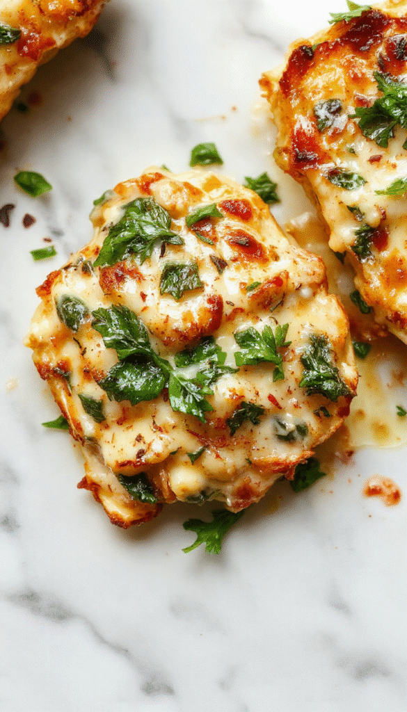 A vibrant chicken and spinach casserole served in a white ceramic dish, topped with melted golden cream cheese and fresh green spinach leaves around the edges, garnished with a sprinkle of herbs, with a wooden spoon resting on a light-colored plate, and a rustic table setting in warm lighting.