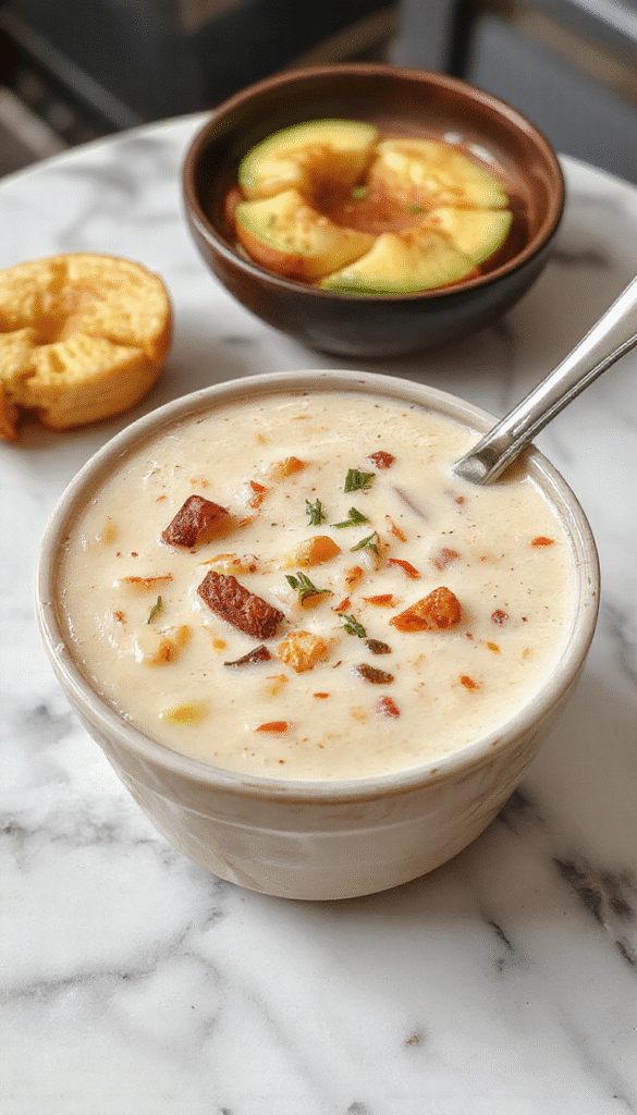 A rustic bowl of creamy cowboy soup topped with shredded cheese and fresh herbs, surrounded by chunks of tender beef, corn, and vegetables on a wooden table, vibrant and inviting