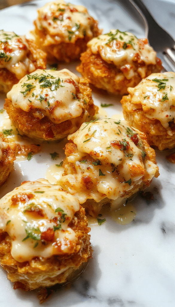 Colorful close-up of golden-brown chicken bites coated in glossy garlic butter sauce, served atop creamy pasta with herbs, garnished with parsley and lemon wedges, styled elegantly on a white plate with a rustic background
