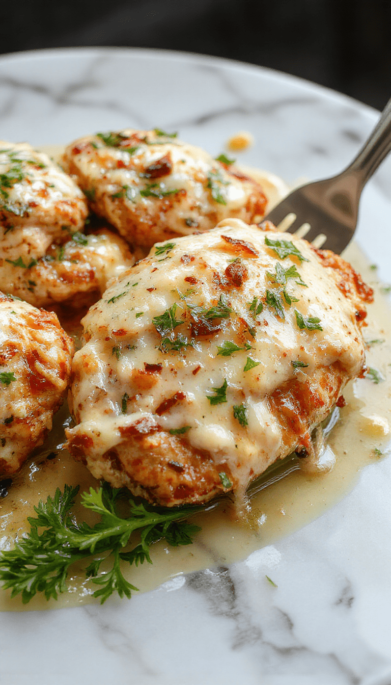 A close-up vibrant image of creamy garlic parmesan chicken on a white plate, garnished with fresh parsley, with a golden-brown crust and a creamy sauce drizzled over tender pieces, accompanied by roasted vegetables and a sprig of parsley for garnish, styled with a rustic wooden background and soft natural lighting highlighting textures.