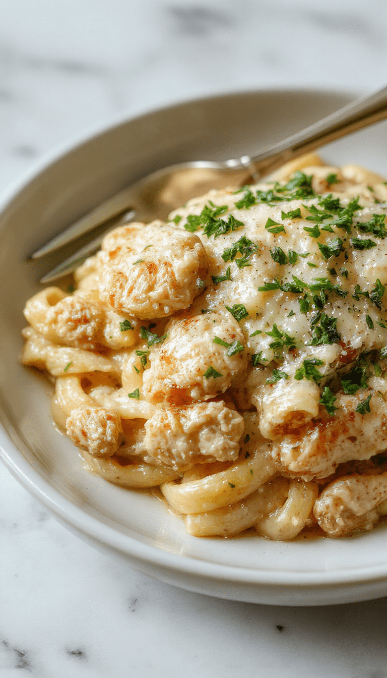 A vibrant plate of creamy garlic parmesan chicken pasta featuring tender grilled chicken slices atop al dente pasta coated in a rich, smooth sauce. Fresh parsley and grated parmesan are sprinkled on top, with a side of colorful cherry tomatoes and a lemon wedge for garnish. The dish has a glossy, inviting appearance with warm golden tones and a sprinkle of herbs, styled in a rustic white bowl on a wooden table.