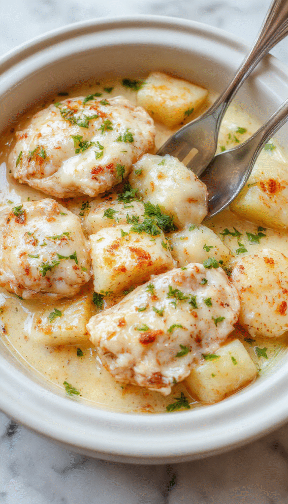 A vibrant serving of creamy garlic parmesan crockpot chicken and potatoes on a white plate. The dish features tender, golden-brown chicken breasts nestled among crispy roasted potatoes, topped with freshly chopped parsley and a sprinkle of grated parmesan cheese. The background showcases a rustic wooden table with leafy greens and a garlic bulb, emphasizing freshness and hearty comfort.