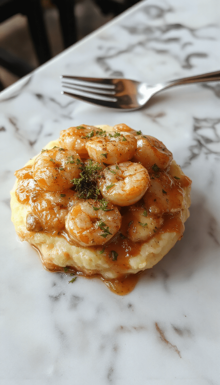 A vibrant plate showcasing creamy garlic shrimp perched atop buttery mashed potatoes, garnished with chopped parsley, with a rich sauce visibly coating the shrimp and potatoes, set on a rustic wooden table with fresh garlic and lemon slices in the background, evoking an inviting and gourmet atmosphere.
