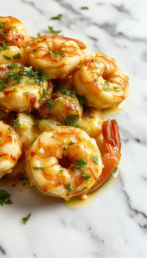 A close-up of a white plate featuring tender, golden-brown shrimp coated in a rich, creamy garlic sauce, garnished with chopped parsley. The dish is styled on a rustic wooden table with a spoon resting beside the plate, conveying a warm, inviting meal with vibrant colors and creamy textures.