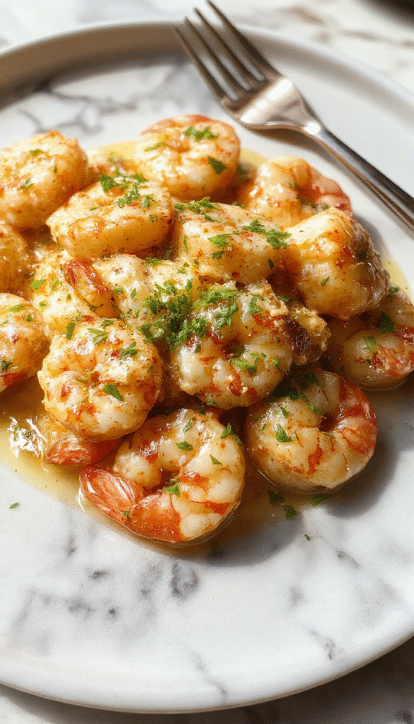 A close-up of a white plate filled with creamy garlic shrimp garnished with chopped parsley. The shrimp are tender and coated in a rich, velvety sauce with visible garlic slices. The dish is plated elegantly with a sprinkle of fresh herbs, set against a rustic wooden table with lemon wedges and a sprig of parsley for accents, showcasing vibrant colors and appetizing textures.