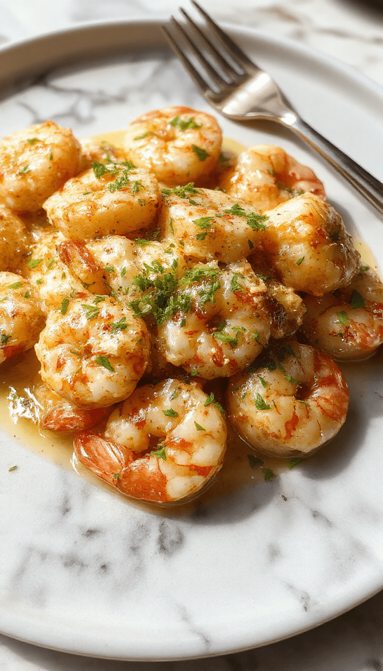 A close-up of a white plate filled with creamy garlic shrimp garnished with chopped parsley. The shrimp are tender and coated in a rich, velvety sauce with visible garlic slices. The dish is plated elegantly with a sprinkle of fresh herbs, set against a rustic wooden table with lemon wedges and a sprig of parsley for accents, showcasing vibrant colors and appetizing textures.