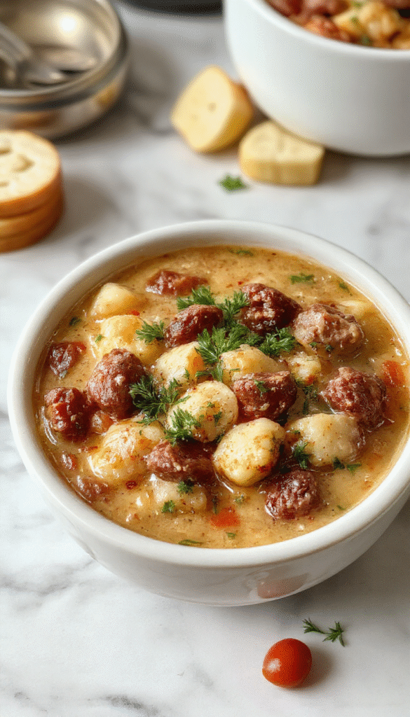 A vibrant bowl of creamy Italian sausage gnocchi soup with golden brown sausage slices, soft tender gnocchi, and fresh green herbs garnished on top, served in a rustic white bowl with a wooden spoon, accented with a sprig of basil and a silver spoon on a neutral linen cloth background.