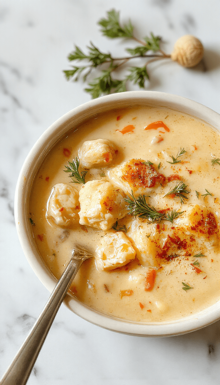 A warm bowl of creamy keto chicken pot pie soup topped with chopped parsley and shredded cheese, with a side of toasted bread slices. The soup has a rich, thick texture with visible chunks of chicken, vegetables, and a golden, bubbly crust-like topping. The bowl is set on a rustic wooden table styled for a cozy meal, with steam gently rising and vibrant green garnish contrasting with the creamy broth.