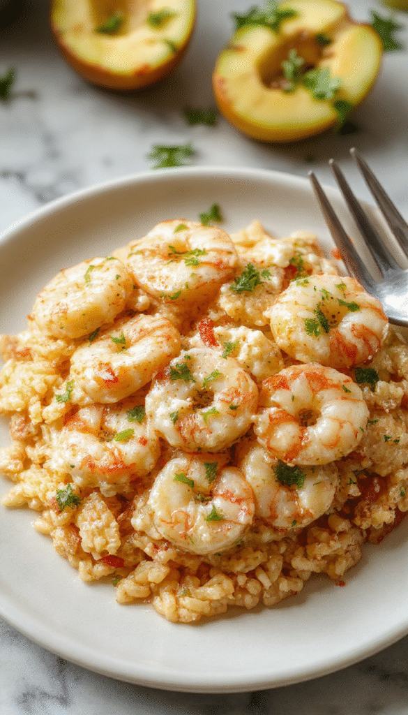 A vibrant plate featuring tender shrimp nestled in a creamy lemon feta sauce over perfectly cooked golden orzo, garnished with fresh herbs and lemon wedges, styled with colorful vegetables and a sprinkle of herbs on a rustic white plate.