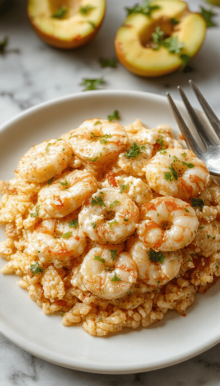 A vibrant plate featuring tender shrimp nestled in a creamy lemon feta sauce over perfectly cooked golden orzo, garnished with fresh herbs and lemon wedges, styled with colorful vegetables and a sprinkle of herbs on a rustic white plate.