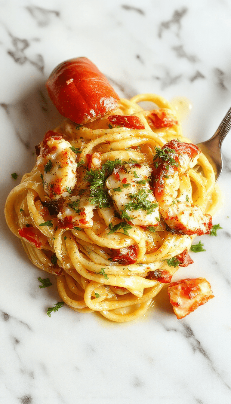 A close-up of a creamy lobster pasta dish presented on a white plate with a golden crust, topped with fresh herbs and vibrant cherry tomatoes, showcasing tender lobster pieces in a rich, silky sauce with specks of black pepper and parmesan cheese. The background features elegant tableware and a rustic wooden surface.