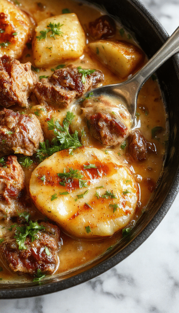 A colorful skillet dish featuring tender chunks of beef and creamy sauce nestled alongside golden roasted potatoes garnished with fresh herbs on a rustic wooden surface.