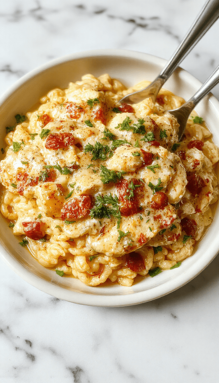 A vibrant plate featuring creamy Monterey chicken topped with melted cheese, garnished with fresh herbs, and served alongside tender orzo pasta with colorful bell peppers and zucchini, all arranged on a rustic wooden table with a drizzle of sauce and sprigs of herbs.