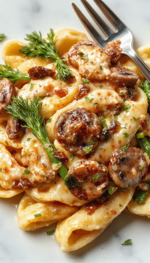 A vibrant plate of creamy mushroom asparagus chicken penne featuring golden pasta coated in a rich, creamy sauce. Fresh green asparagus spears and sautéed mushrooms adorn the dish, with tender chunks of grilled chicken on top. The plate is styled elegantly on a rustic wooden table with a sprinkle of herbs and a side of crusty bread, highlighting the textures and fresh ingredients.