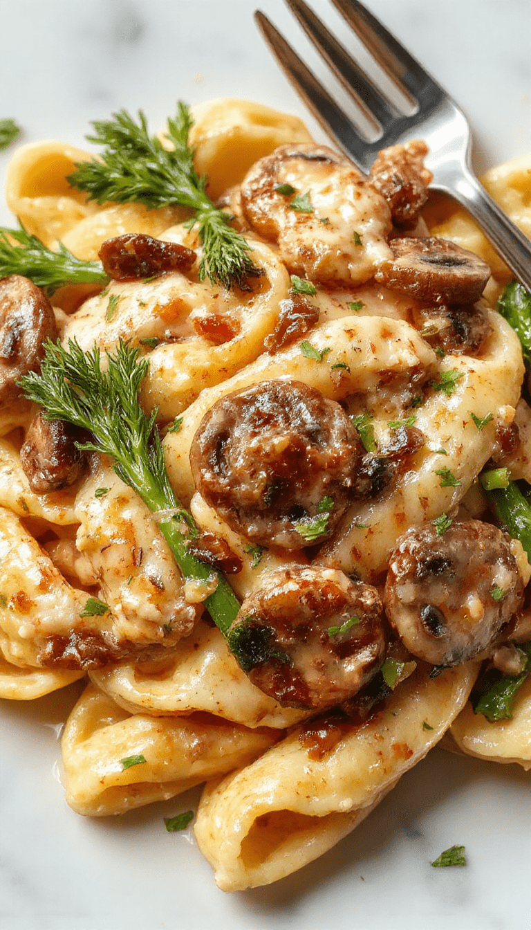 A vibrant plate of creamy mushroom asparagus chicken penne featuring golden pasta coated in a rich, creamy sauce. Fresh green asparagus spears and sautéed mushrooms adorn the dish, with tender chunks of grilled chicken on top. The plate is styled elegantly on a rustic wooden table with a sprinkle of herbs and a side of crusty bread, highlighting the textures and fresh ingredients.