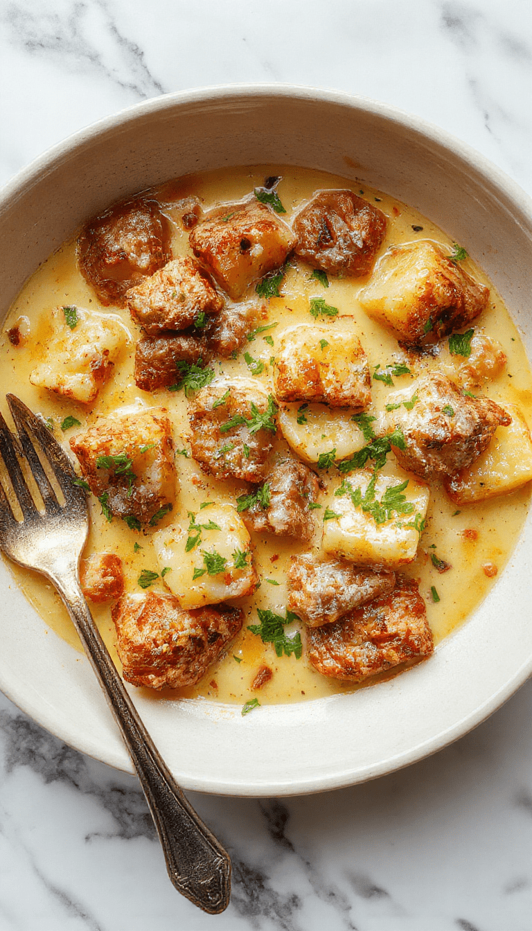 A vibrant skillet filled with creamy meat and golden potatoes, garnished with fresh herbs. The dish features tender meat pieces coated in a rich, creamy sauce, alongside crispy, roasted potatoes, all plated on a rustic wooden table with a sprinkle of parsley for garnish, showcasing textures from smooth sauce to crispy edges.