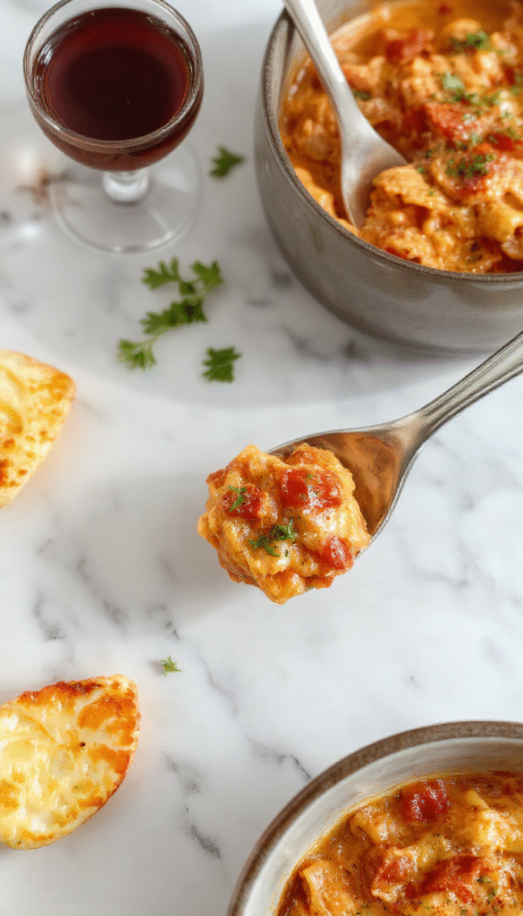 A vibrant bowl of creamy tomato pasta garnished with fresh basil and grated cheese, served on a rustic wooden table with a sprinkle of herbs, showcasing the rich, smooth sauce and perfectly cooked pasta with a golden topping.