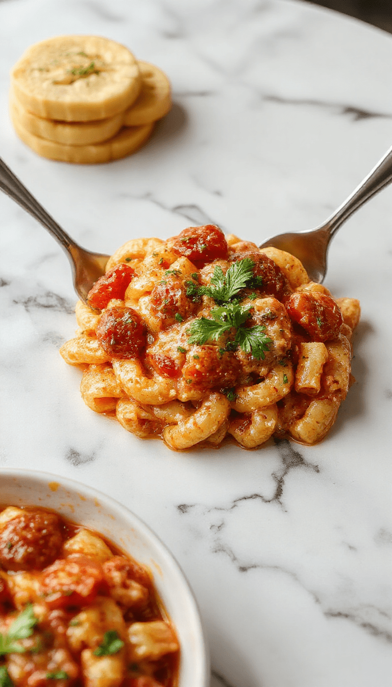 A vibrant, steaming plate of creamy tomato pasta garnished with fresh basil and grated cheese, served on a rustic white plate with a fork twirling the noodles, garnished with a sprinkle of herbs, capturing the rich, creamy texture and the bright red color of the tomato sauce.