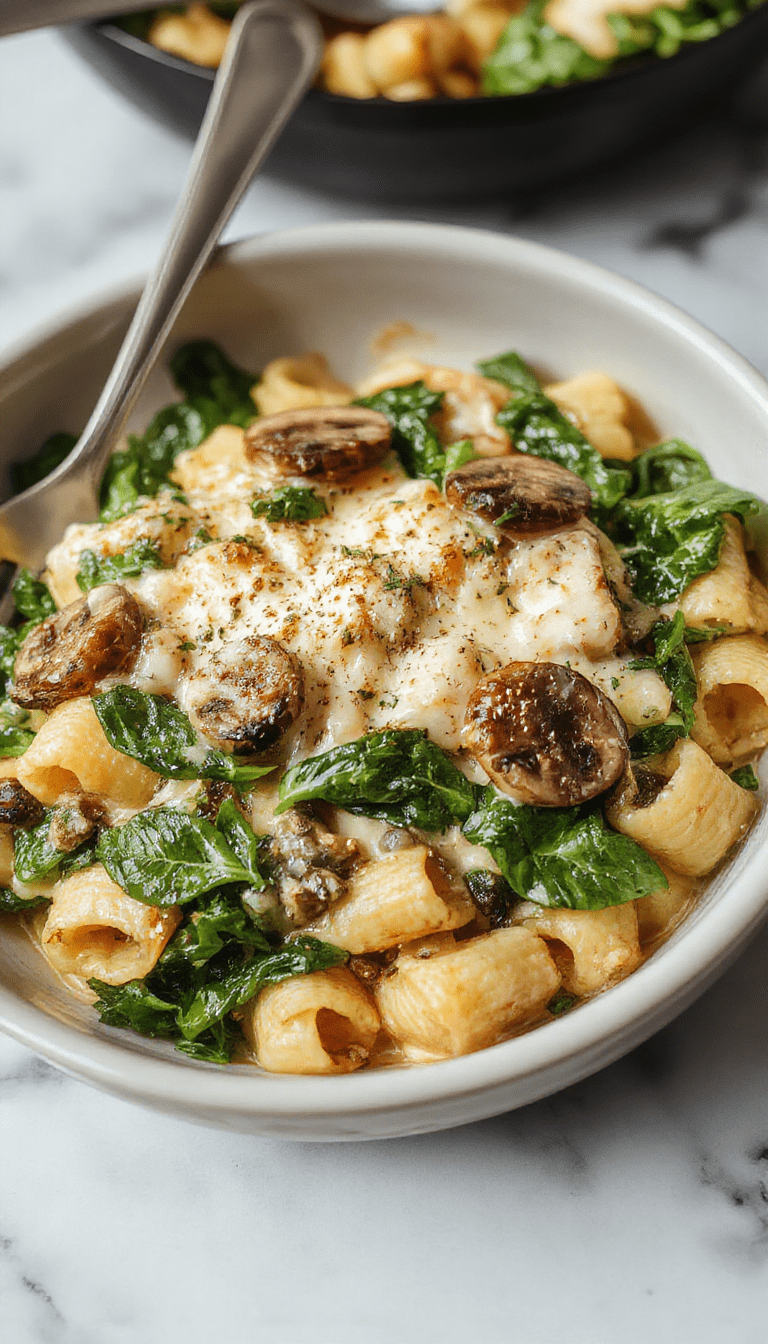 A vibrant skillet filled with creamy pasta topped with fresh spinach, sautéed mushrooms, and grated Parmesan cheese. The dish is beautifully plated with a sprinkle of herbs and Parmesan shavings, showcasing the rich, cheesy texture and colorful greens against the golden pasta.