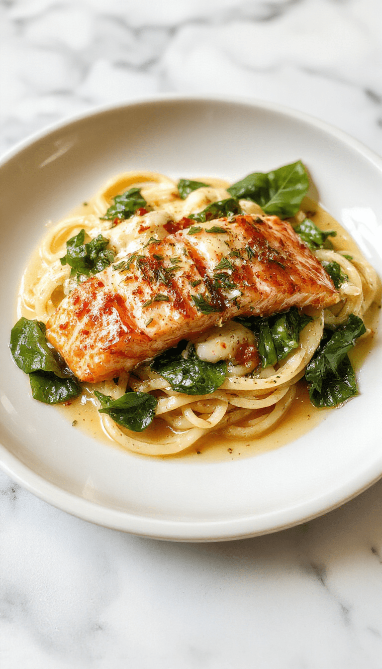 A close-up of a creamy salmon spinach pasta served beautifully on a white plate. The pasta is coated in a rich, velvety sauce with chunks of flaky salmon and vibrant green spinach leaves scattered on top. The dish is garnished with fresh herbs, and the background features a rustic wooden table with additional fresh ingredients nearby, highlighting a sophisticated yet inviting presentation.