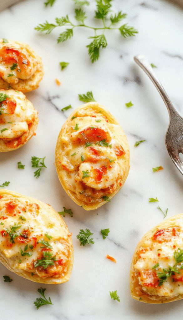 A close-up of creamy seafood stuffed pasta shells on a white plate, topped with fresh herbs, creamy sauce drizzled around, golden-brown baked cheese, vibrant seafood filling visible, styled with a rustic wooden background and fresh parsley garnish.